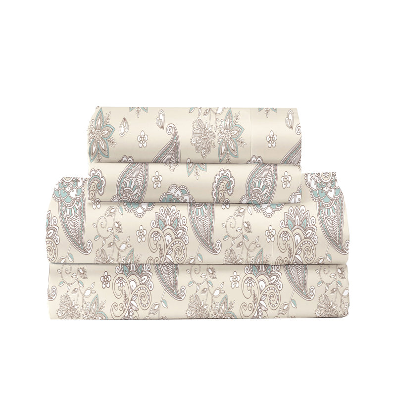 100% Cotton Sheets, 300 Thread Count Percale Weave Bedding, 16" Deep Pocket, King Sheet Set with 2 Pillowcases, Beige Paisley