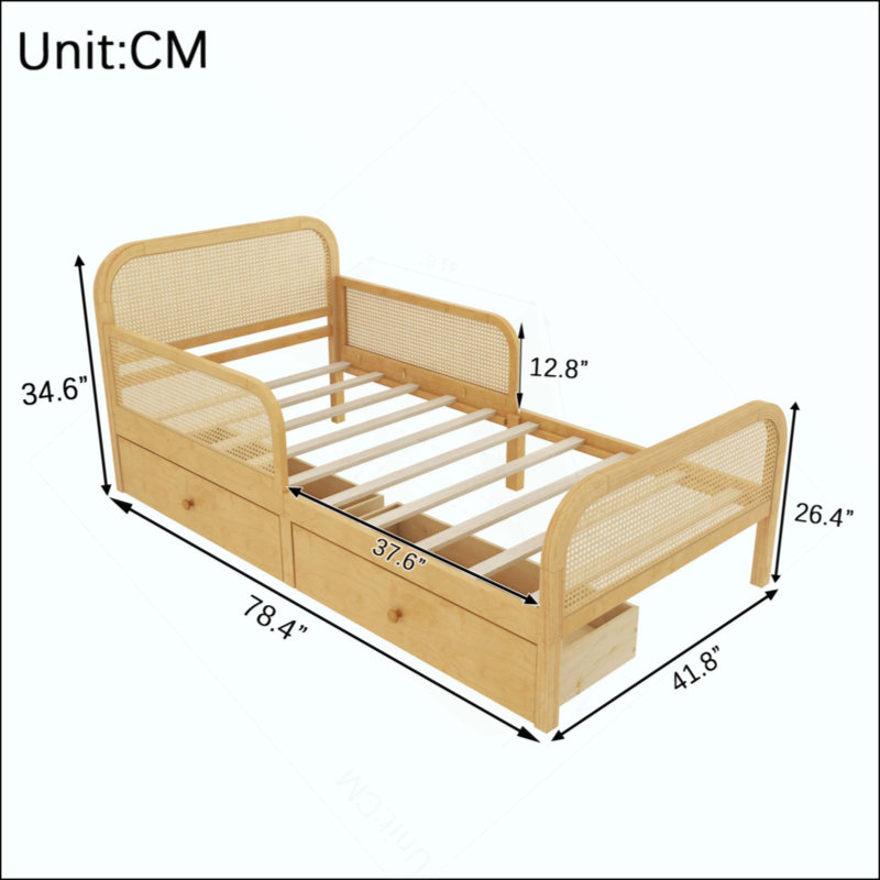 Structure de lit plateforme avec 2 tiroirs de rangement, lit en rotin pour enfants avec tête et pied de lit, Twin, Natural