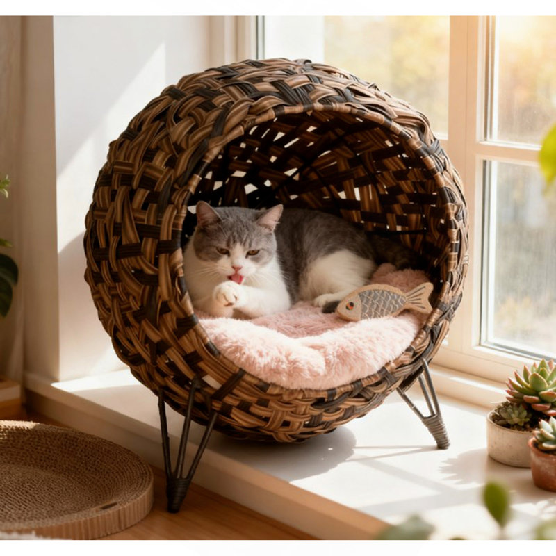 Chaton tissé à la main à motif de feuilles de bananier tissé à la main avec coussin, lit pour chat tissé à la main
