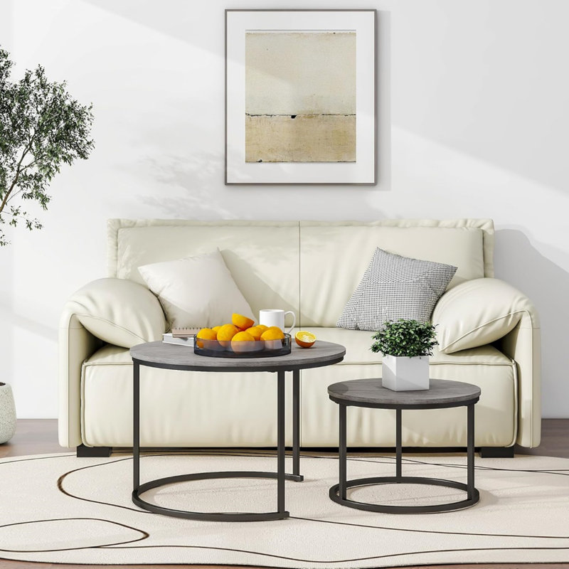 Nesting Round Coffee Table Set Of 2 End Tables For Living Room,Grey Coffee Table Wooden Accent Furniture With Metal Frame,Stacking Side Tables,Black+Warm Grey
