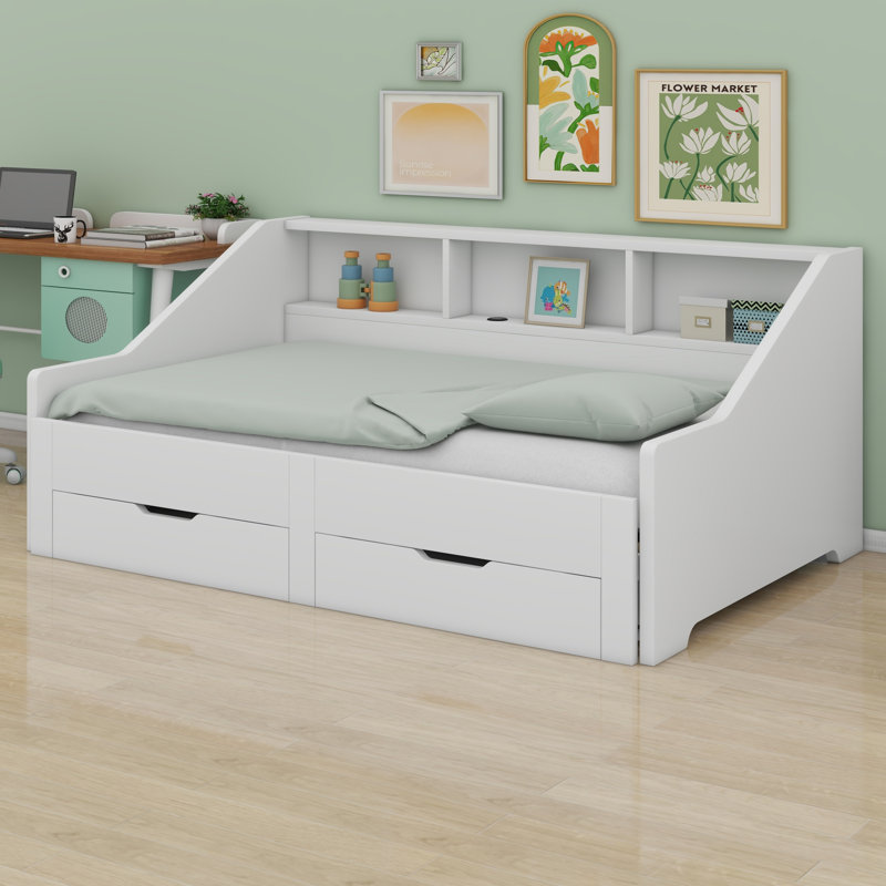 Daybed Frame With Storage Bookcases And Two Drawers,Charging Design, White