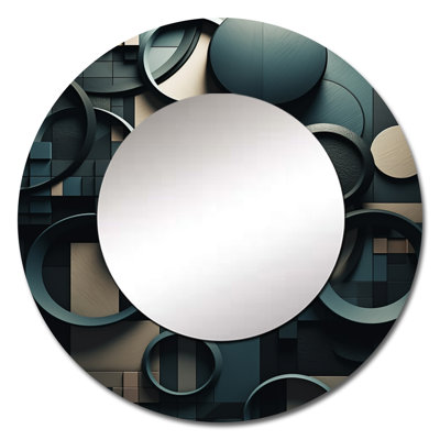 Teal Fragmented Forms - Cubism Mirror, Modern Round Unique Wall Mirror, Printed Metal Art