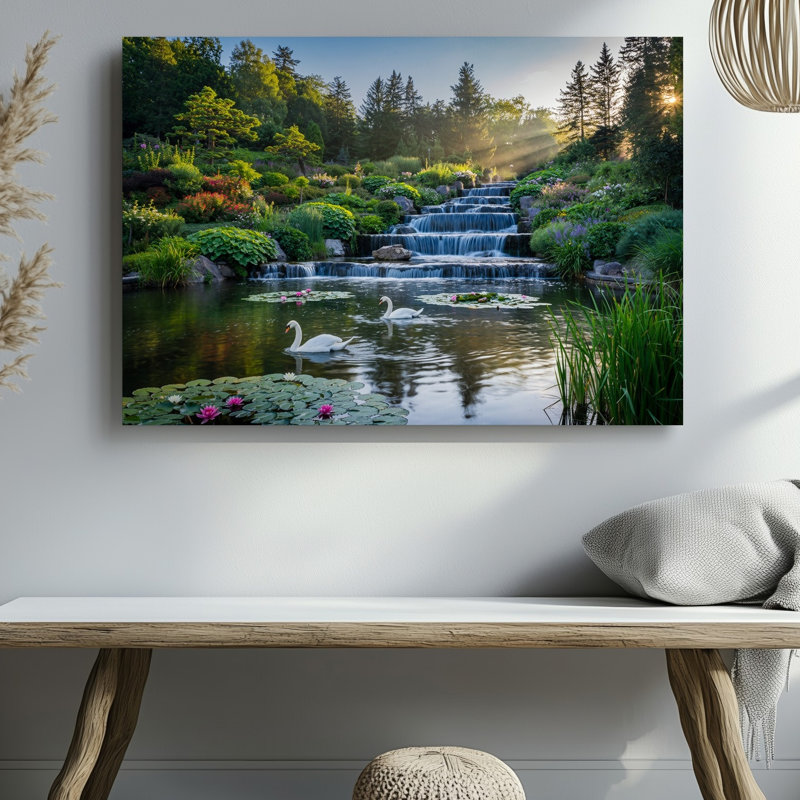 Toile, "Un paysage serein, avec une cascade d'eau qui coule au-dessus d'une surface lisse", H 9 po x l 12 po