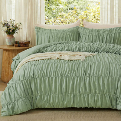 Pure Cotton Ruched Duvet Cover Set Queen Size,Sage Green Ruffled Duvet Cover,Boho Shabby Chic Bedding Set Aesthetic Room Decor,Luxury Ruffle Bedding 3 Pcs with Zipper & 8 Corner Ties