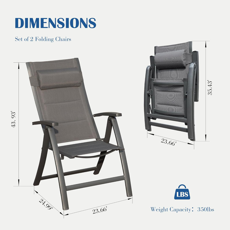 Ensemble de 2 chaises de patio pliantes en tissu textilène rembourré