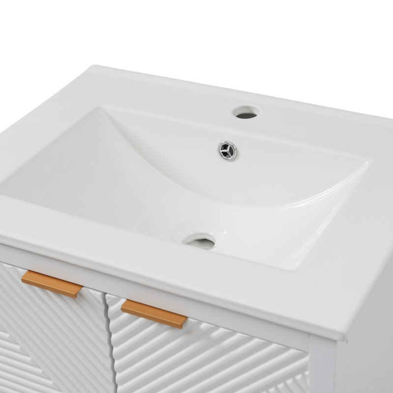 Meuble-lavabo 24 po avec lavabo, panneaux de porte texturés, tiroir et portes à fermeture en douceur, armoire en bois massif durable et panneau de fibres à densité moyenne, meuble-lavabo blanc moderne avec lavabo en céramique pour les petites salles de bain