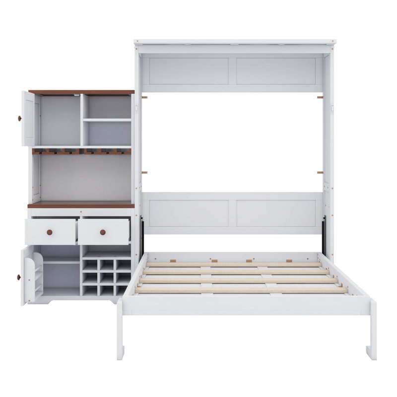 Grand lit escamotable avec armoire de rangement, support à vin, porte-verre, tiroirs et bande DEL multicolore, Blanc