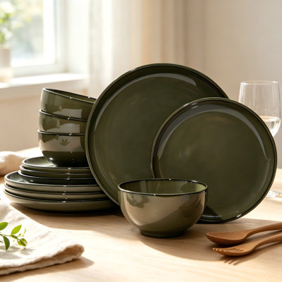 Santorini Mist Terracotta Reactive Glaze Plates and Bowls Sets, Stoneware Dinnerware Sets, Microwave and Dishwasher Safe Ceramic Dish Set Service for 4, Blackish Green