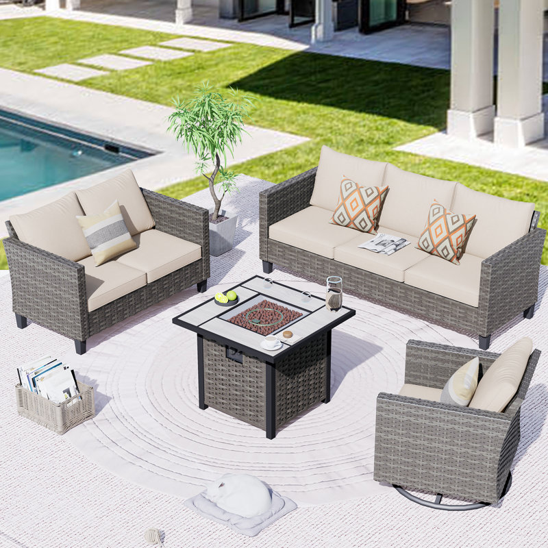 Meriyah Premium All-Weather Wicker 6 - Person Patio Conversation Set with Cushions, Beige