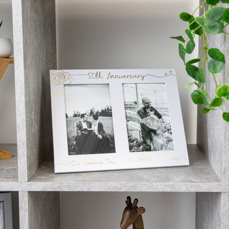 Beautiful Double Picture Frame for Wedding Anniversary - Silver Foil Text, White/Gold
