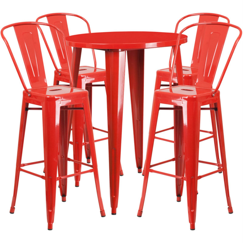Williamston Round Metal Indoor-Outdoor Bar Table Set with 4 Cafe Stools, Red, 41" H x 30" W x 30" L