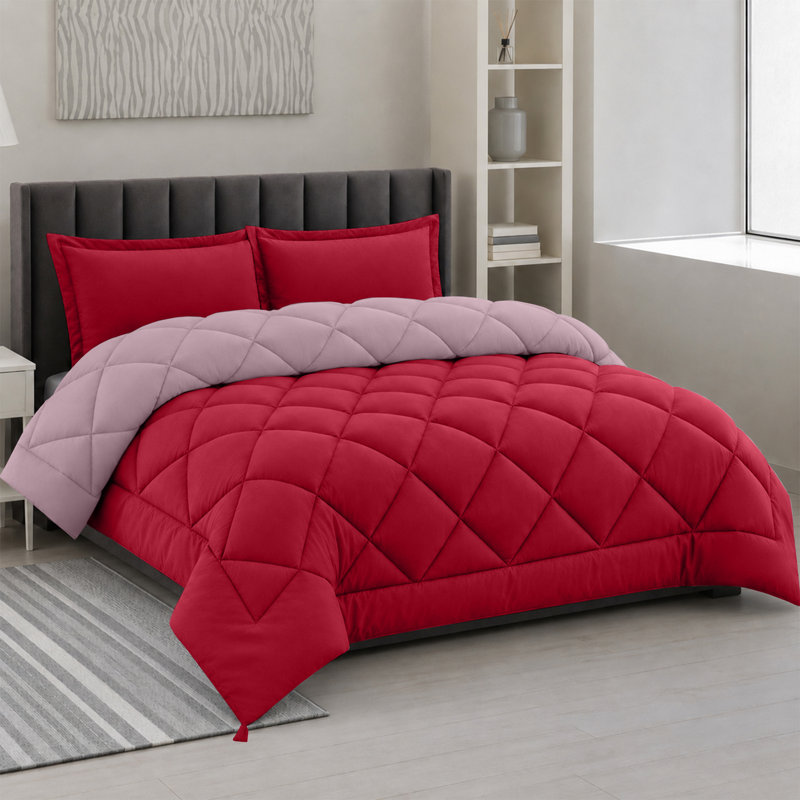 Down Alternative Microfiber Reversible Comforter Set - 3 Pcs All Season Diamond Pattern Comforter with Shams, Burgundy, KIng