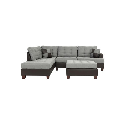Contemporary Sectional Sofa Grey Polyfiber Linen Like Fabric Cushion Tufted Reversible 3Pc Sectional Sofa L/R Chaise Ottoman Living Room Furniture Pillows