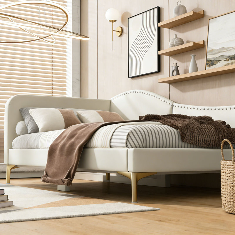 Upholstered Daybed with Headboard and Armrest, Beige, Twin