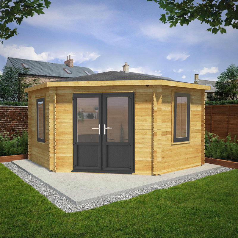 Mercia 13ft x 13ft Corner Cabin With UPVC Windows & Doors (44mm), Grey/Natural Timber