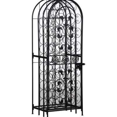 Étagère à vin en fer forgé noir avec serrure, design moderne et épuré, support pratique pour 45 bouteilles.