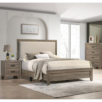Magnifique très grand lit à finition grise avec tête de lit tapissier et incrustation de cristal avec cadre en bois