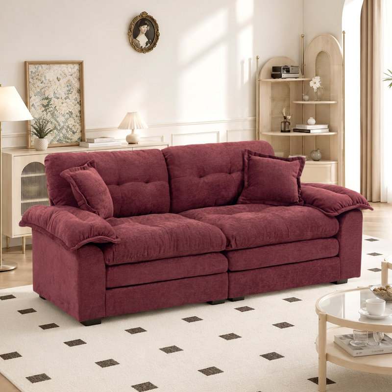 Canapé-lit à accoudoirs rembourrés en chenille de 84 po avec coussins en mousse à mémoire de forme et ressorts ensachés Geneveve