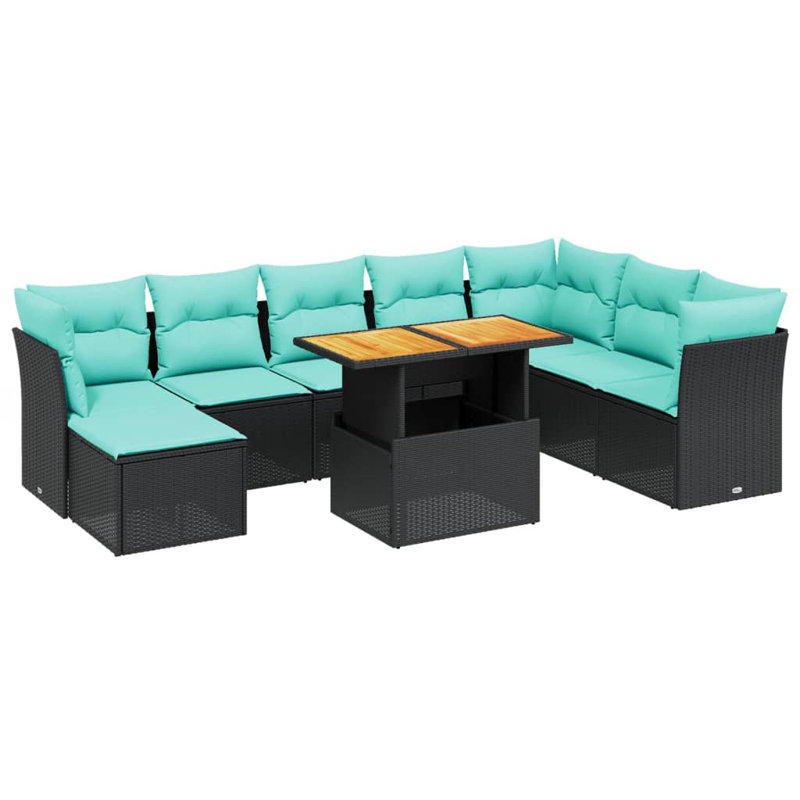  Ensemble de canapé de patio 9 pièces avec coussins en rotin de polyester, Noir, Vert