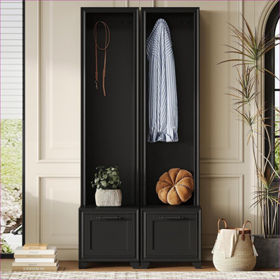Ensemble de 2 portemanteaux autoportants FlowLuxe 3-IN-1, banc d'entrée noir mat avec banc et tiroirs de rangement pour le couloir du salon
