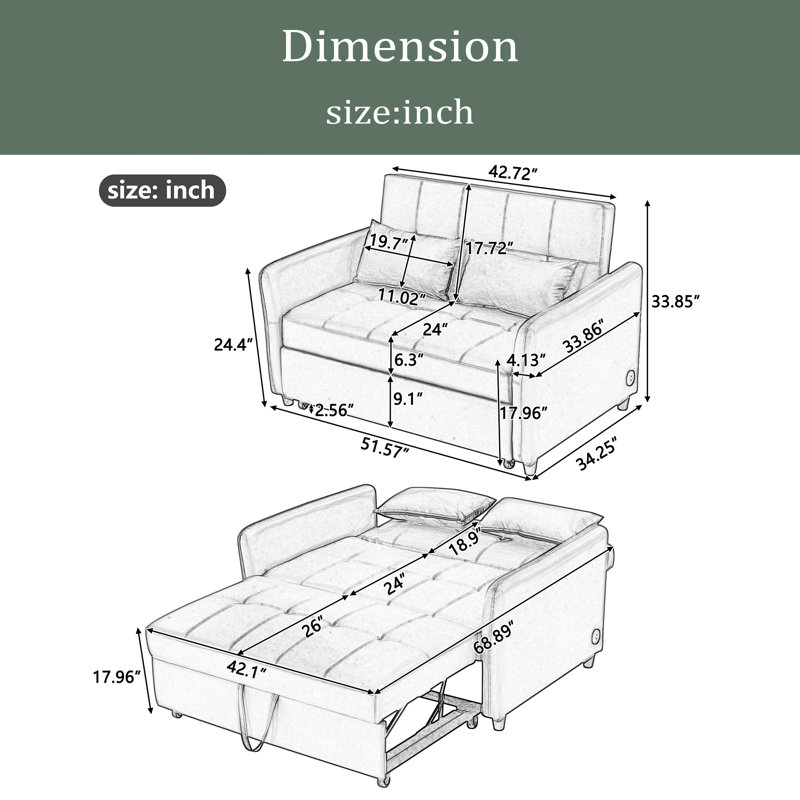51.57" Convertible Sleeper Bed, Adjustable Oversized Armchair With Three USB Ports For Small Space, Black