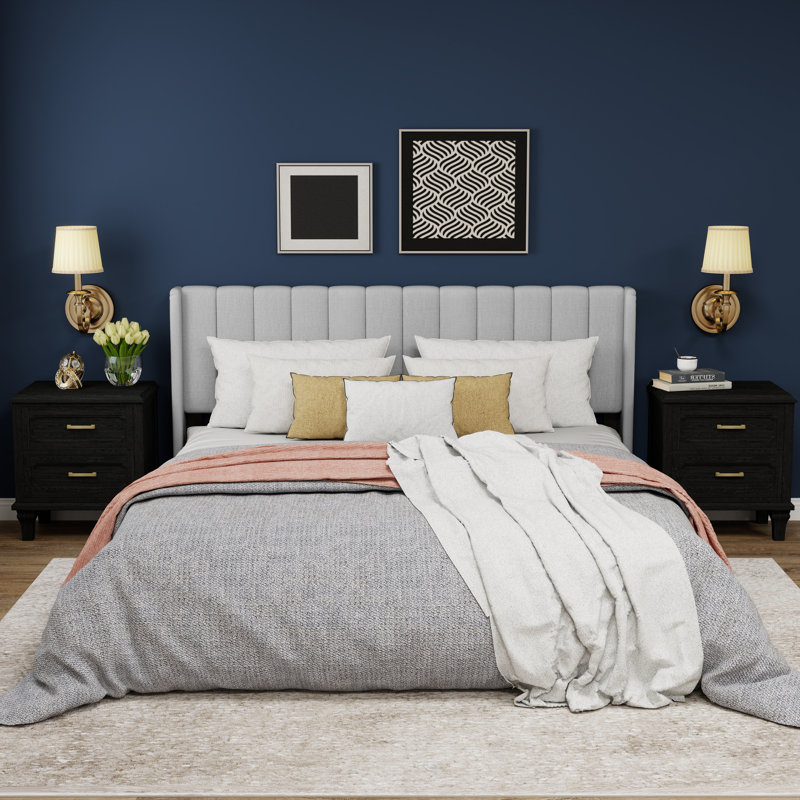 Upholstered Wingback Platform Bed, Light Grey, King