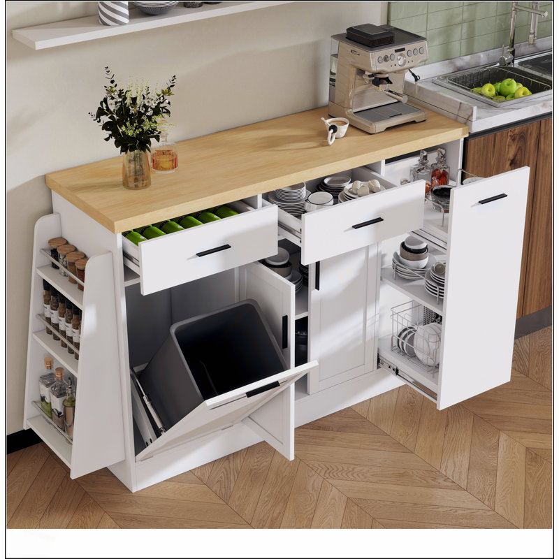 Buffet de rangement multifonctionnel avec porte coulissante, poubelle cachée et support à épices à 3 niveaux pour les cuisines modernes