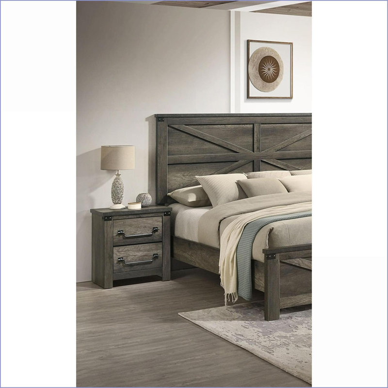Rustic Gray Farmhouse Wood Nightstand with Antique Brass Handles