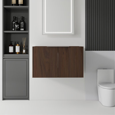 Armoire de meuble-lavabo flottant 30 po, contreplaqué, portes doubles à fermeture douce, rangement intérieur spacieux, fixation murale, armoire seulement, lavabo non inclus, brun