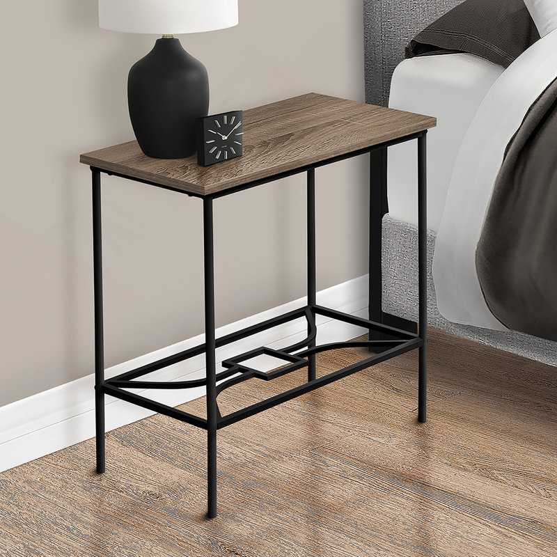 Table d'appoint, côté, bout, étroit, petit, 2 niveaux, stratifié brun, métal noir, contemporain, moderne