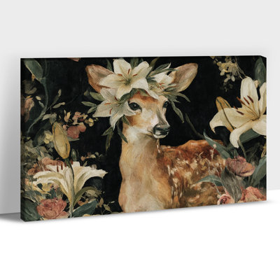 Art mural sur toile grand cerf floral, décor de rennes d'hiver botanique, reproduction d'affiche de peinture, œuvre de fleur d'animal pour le salon, la chambre à coucher, décoration de cadeau de vacances, 32 po x 48 po