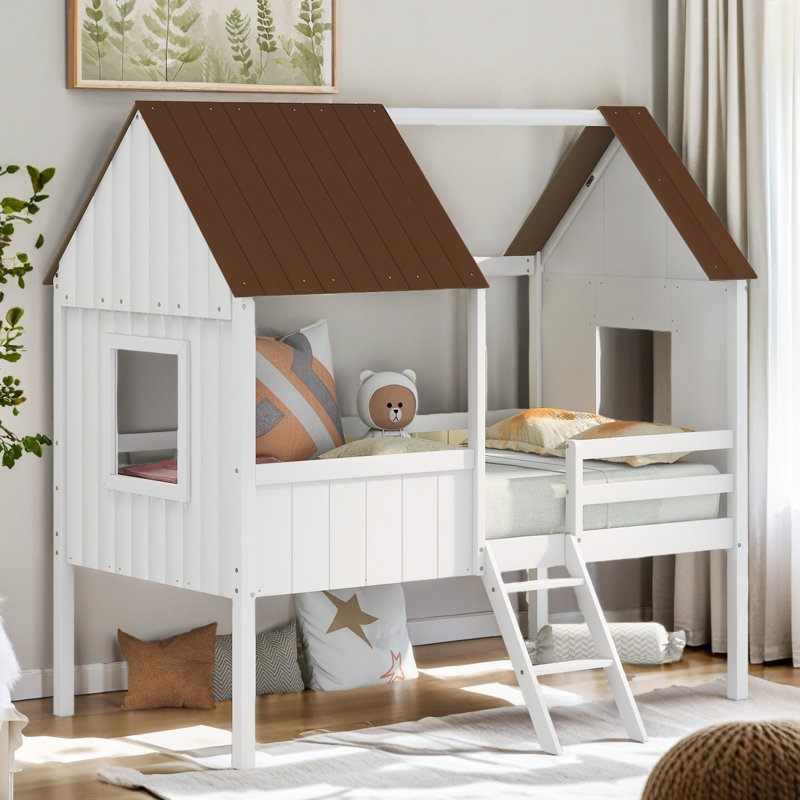 Twin Size Low Loft Wood House Bed With Two Side Windows, Brown/White