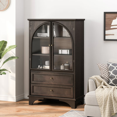 Armoire de rangement vitrée à porte en verre 52,17 "avec 2 tiroirs et tablette réglable, solutions de rangement spacieuses, armoire vitrée pour salon, chambre à coucher, cuisine et bureau