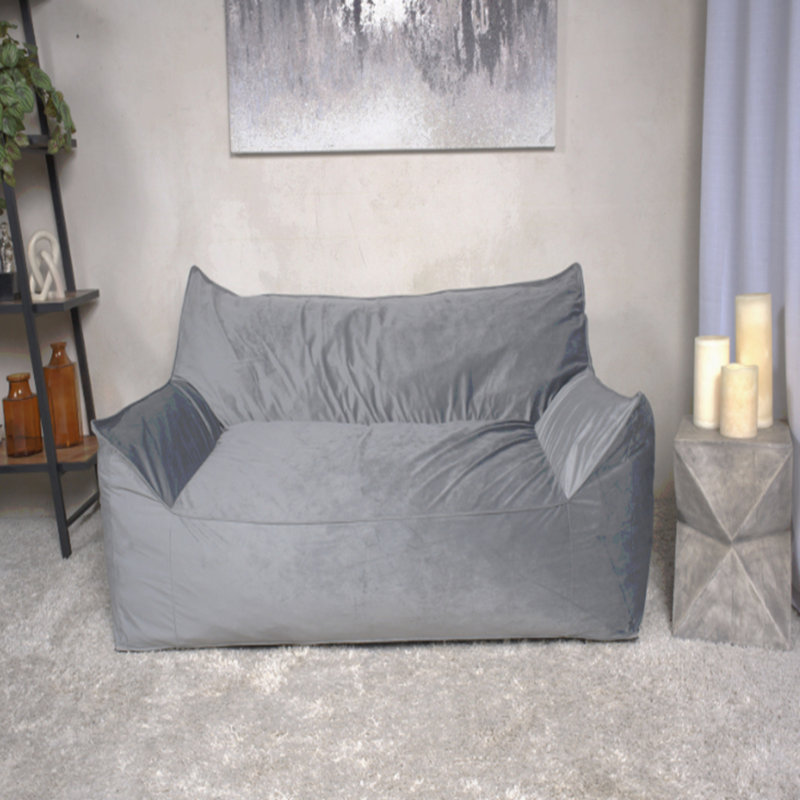 Velveteen 2 Seater Oversized Bean Bag Chair With Armrests, Gray, Gray Velvet