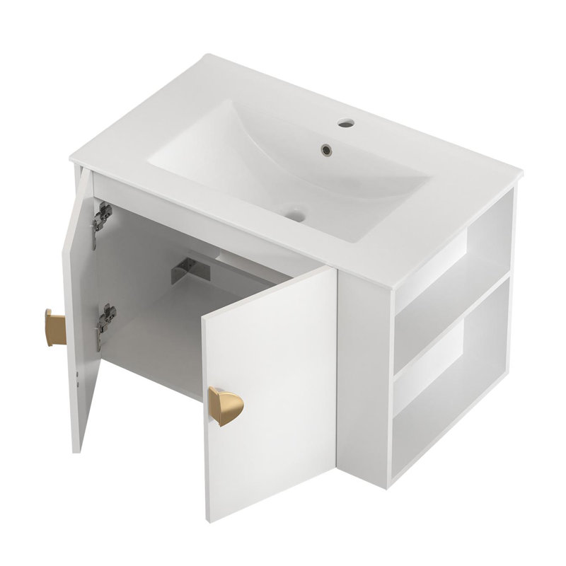 30"Floating Single Bathroom Vanity With Ceramic Top & Right Side Storage Cabinet, White