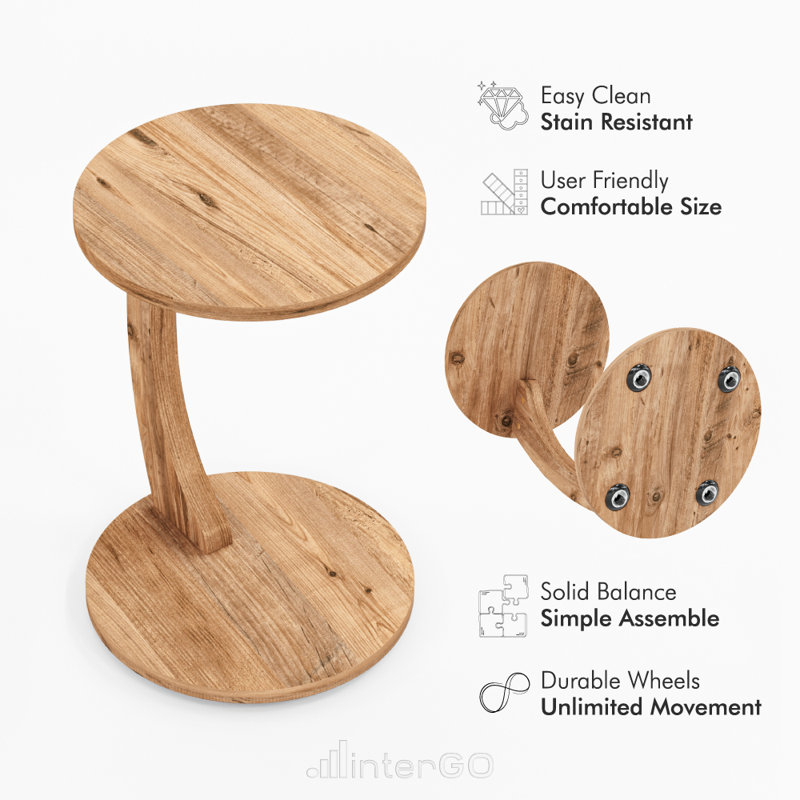 InterGo C-Shaped Round End Table with Rolling Wheels - Side Table Modern Design, Space-Saving Home Decor End Table for Living Room, Depali Coffee Table