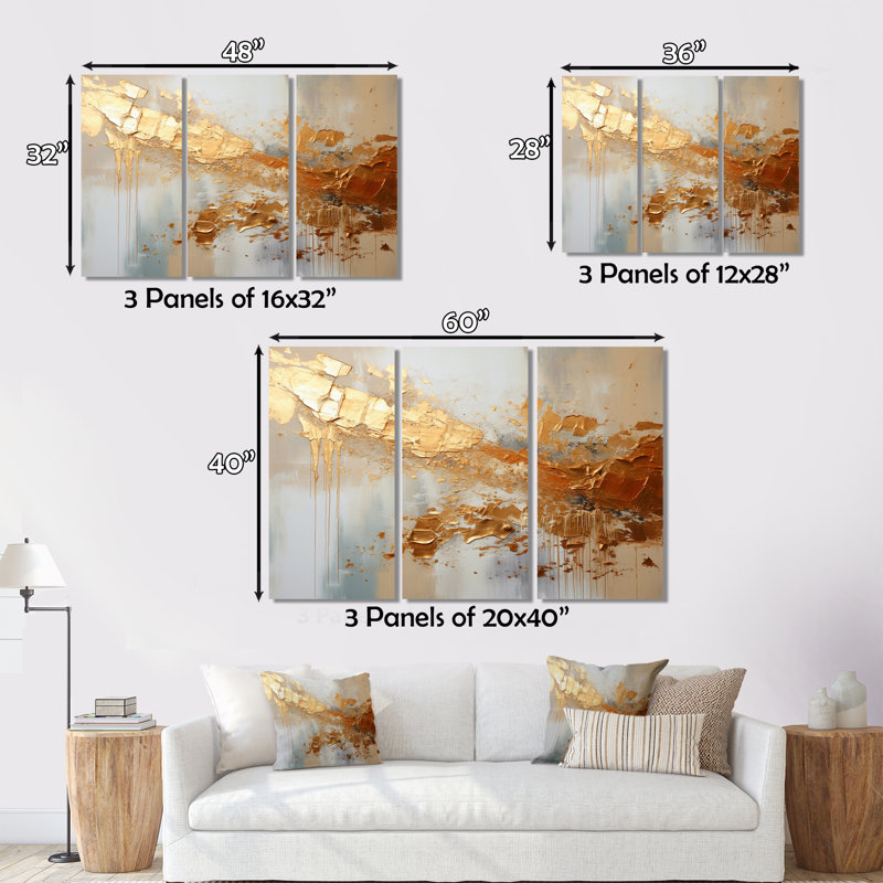 Golden Gleam II sur toile, reproduction de 3 pièces, H 40 po x l 60 po x P 1 po