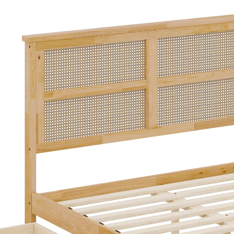 Lit plateforme avec tête de lit en rotin, tiroirs de rangement et base de soutien robuste, Chêne blanc