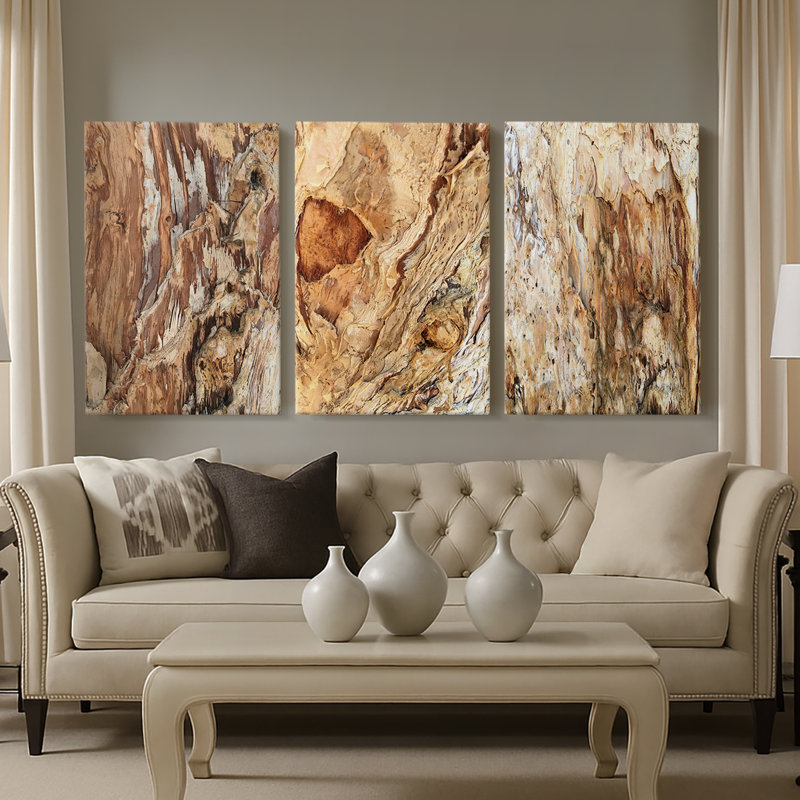 «Tree Texture Triptych I» - Toile tendue avec châssis sur mesure - 3 pièces, H 12 po x l 24 po
