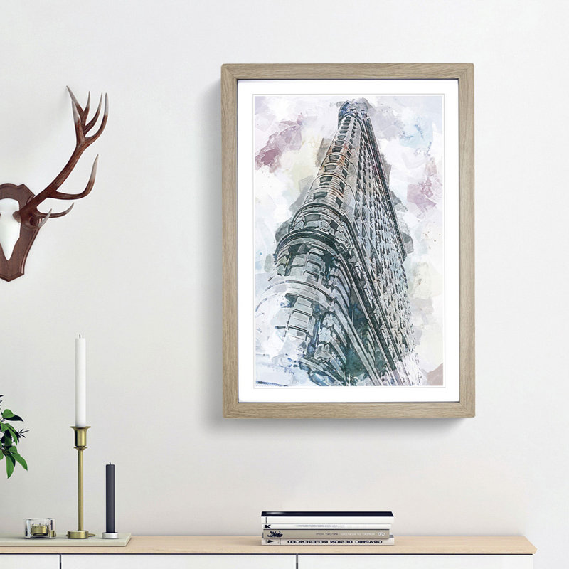 The Flatiron Building in New York in Abstract - Picture Frame Painting Print, 36cm H x 27cm W x 2cm D, Oak Framed