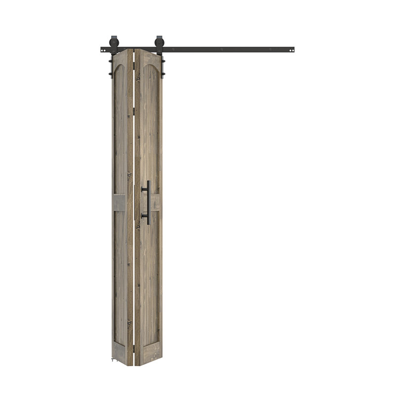 Portes de grange pliées en bois massif 84 po 84 po avec quincaillerie d'installation, 32 po x 84 po, Tonneau vieilli