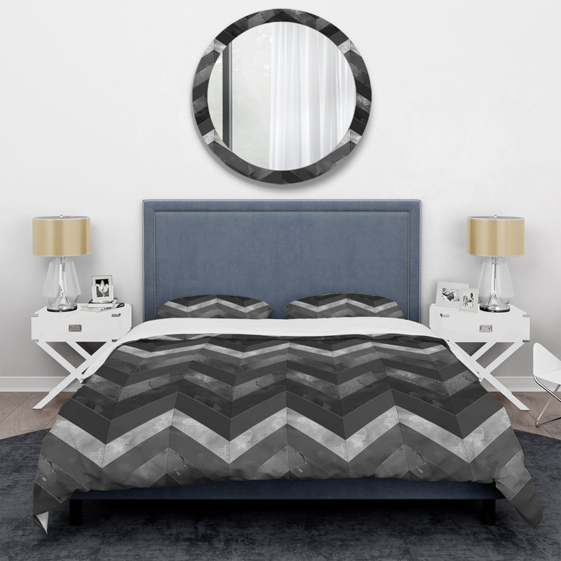 Ensemble de housse de couette moderne gris foncé à chevrons, Housse de couette simple + 2 taies décoratives st