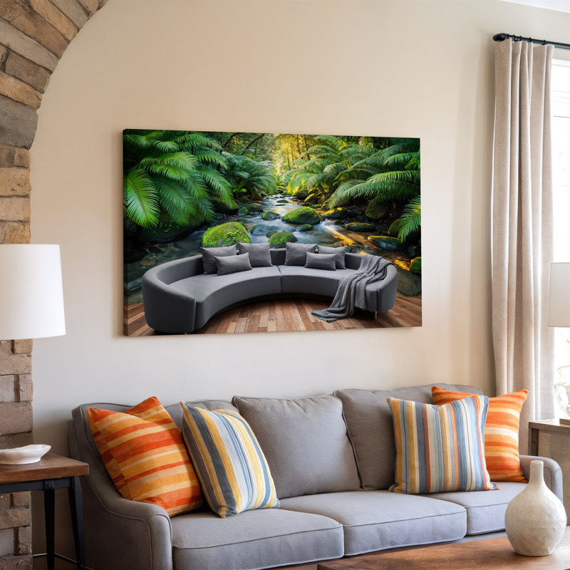 Toile, scène sereine de forêt tropicale avec un ruisseau doucement encadré par une verdure luxuriante avec fougères