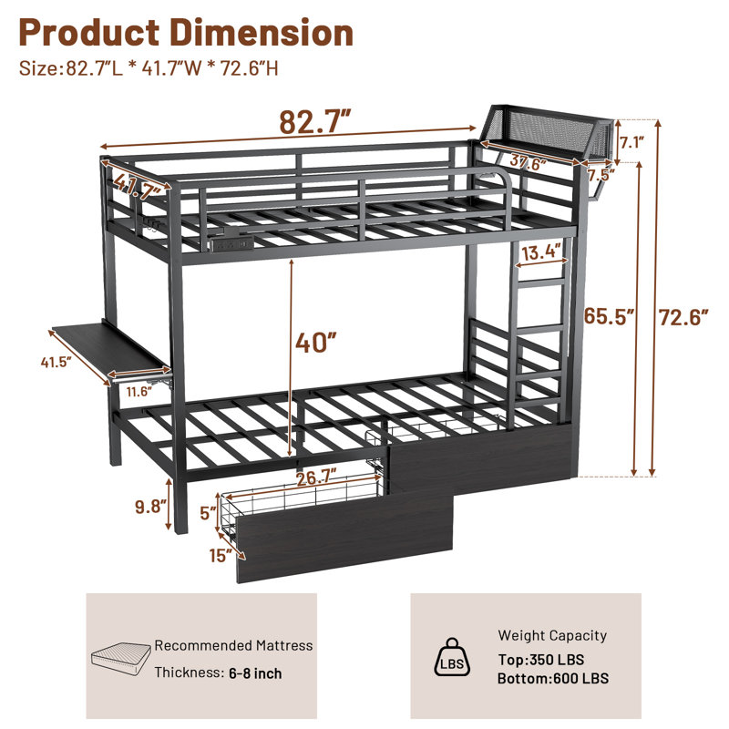 Lit superposé simple TG avec bureau pliable et tiroirs, lit superposé en métal avec station de charge pour petits espaces