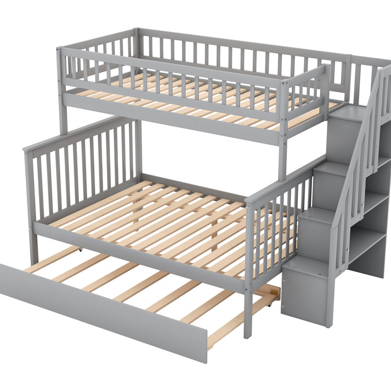 Lit superposé simple au-dessus d'un lit double gris avec escalier et lit gigogne - Mobilier de chambre à coucher moderne, idée d'économie d'espace