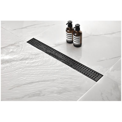 Linear Shower Drain with Removable Quadrato Pattern Grate, 304 Stainless Shower Drain Included Hair Strainer and Leveling Feet