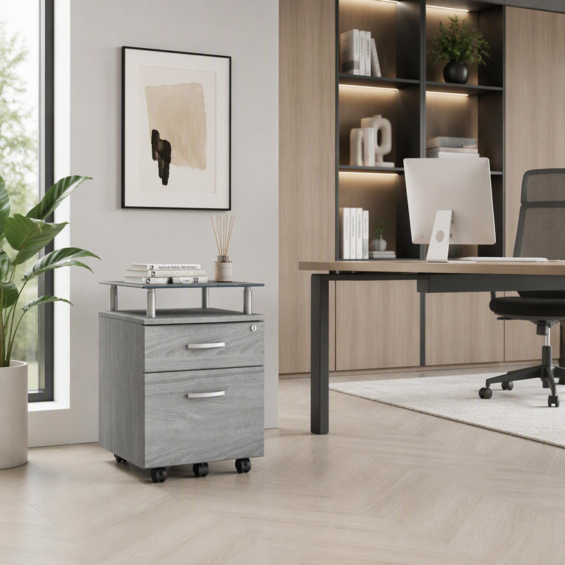 Classeur à roulettes avec plateau en verre, gris, rangement sécuritaire et mobilité facile pour les bureaux modernes Techni