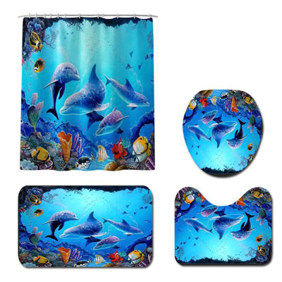 Blue Bathroom Shower Curtain Set Deep Ocean Underwater Dolphin Fish Printed Polyester Shower Curtain 70*70Inch ( 4Pcs Set, Bath Mat + Base Mat + Toilet Mat + Bath Curtain + Accessories 12Pcs C-Type Hooks)