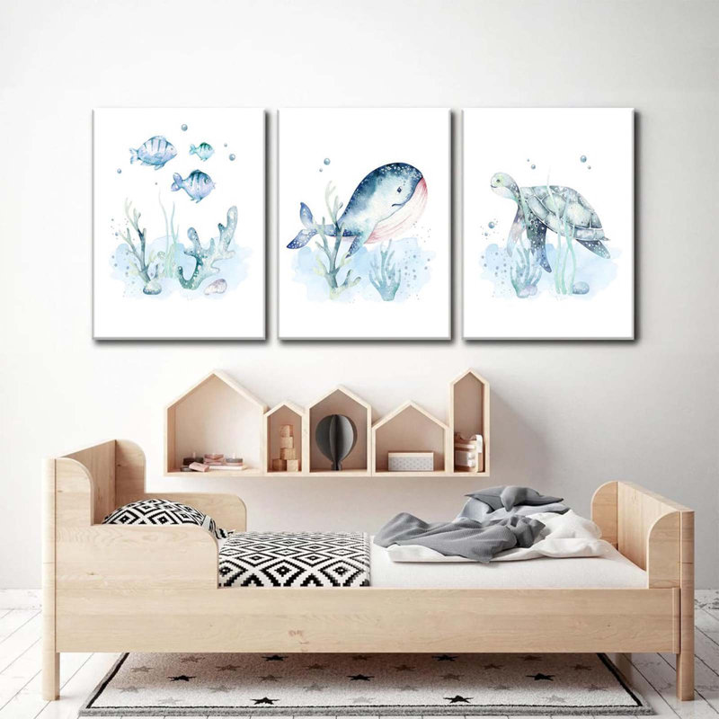 Ocean Nursery Decor, Set Of 3 Room Sea Animal Wall Art Picture Canvas Prints, 12X16 Inch Framed