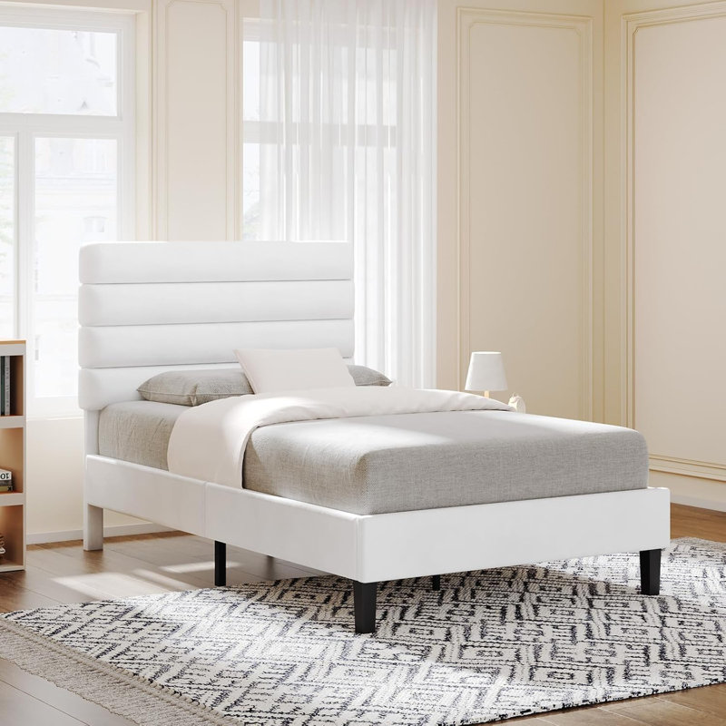Cadre de lit avec tête de lit, cadre de lit plateforme avec tête de lit tapissier en velours, Simple, Blanc